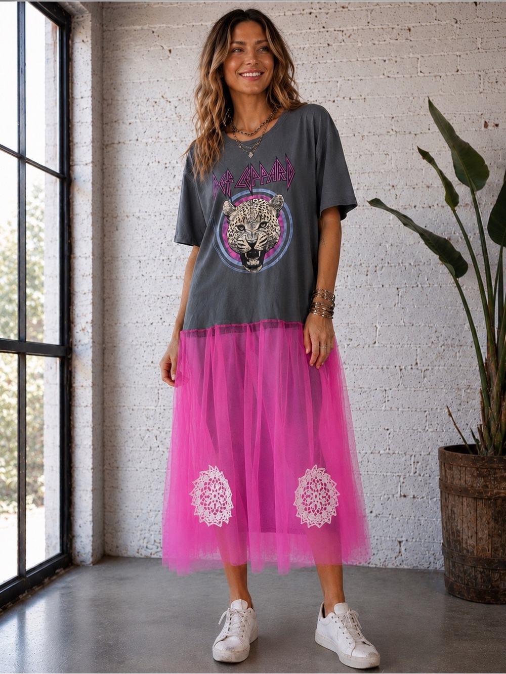 Upcycled DEF LEPPARD dress with sheer tulle skirt